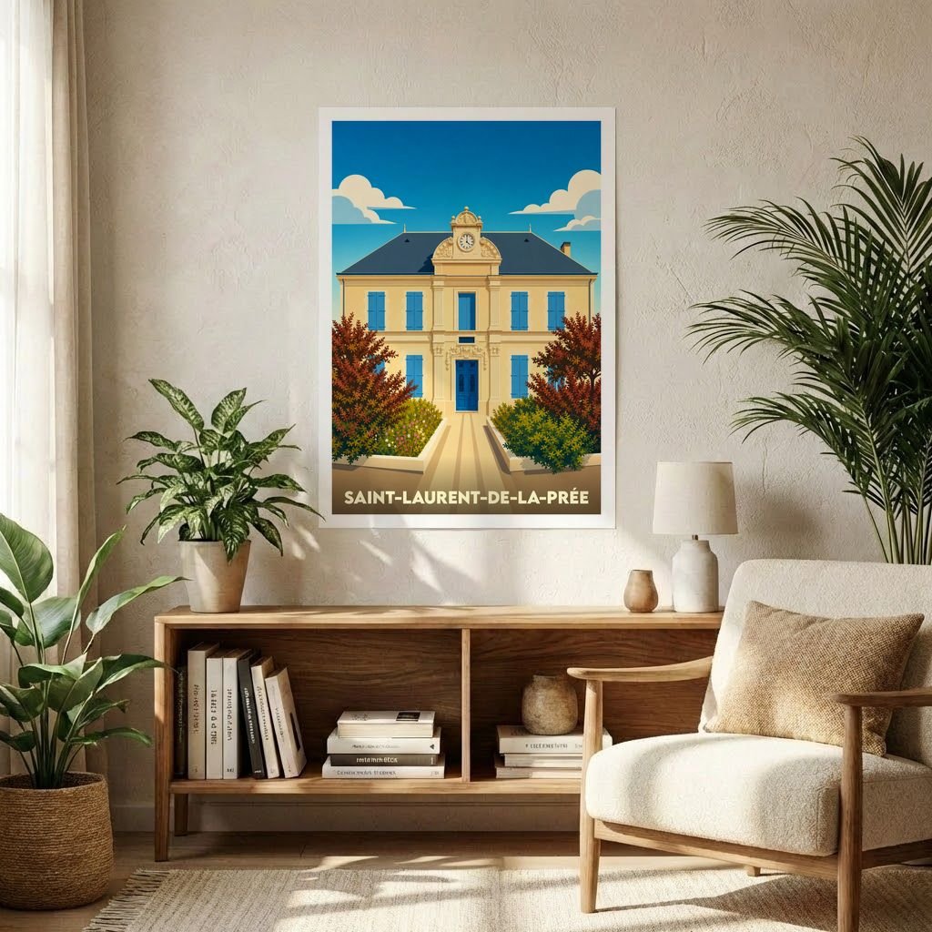 Affiche souvenir de la ville de Saint-Laurent-de-la-Prée avec une illustration stylisée de sa mairie.