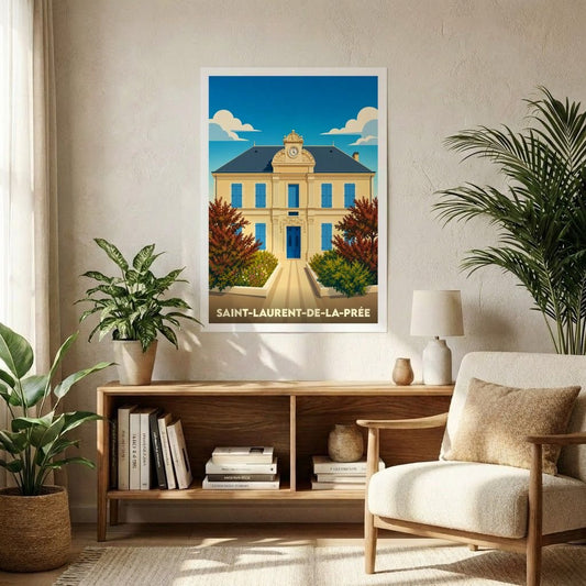 Affiche souvenir de la ville de Saint-Laurent-de-la-Prée avec une illustration stylisée de sa mairie.