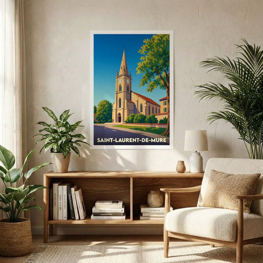 Affiche souvenir de la ville de Saint-Laurent-de-Mure avec une illustration stylisée d'une église sous un ciel bleu.