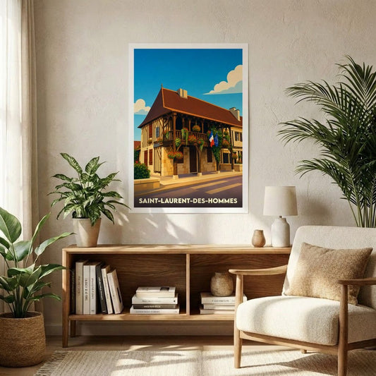 Affiche souvenir de la ville de Saint-Laurent-des-Hommes avec une illustration stylisée d'une maison traditionnelle fleurie.