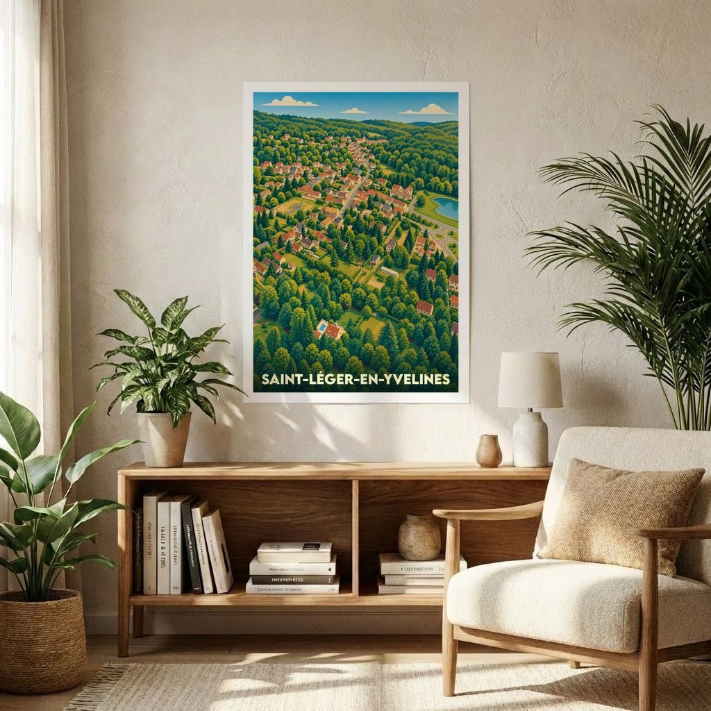 Affiche souvenir de la ville de Saint-Léger-en-Yvelines présentant une vue aérienne illustrée et verdoyante.