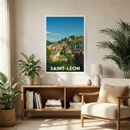 Affiche souvenir de la ville de Saint-Léon avec une illustration stylisée de ses paysages et maisons.