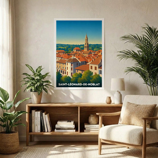 Affiche souvenir de la ville de Saint-Léonard-de-Noblat présentant une illustration stylisée de ses toits et de son clocher.