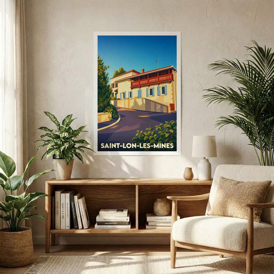 Affiche souvenir de la ville de Saint-Lon-les-Mines avec une illustration stylisée d'une maison landaise sous un ciel bleu.