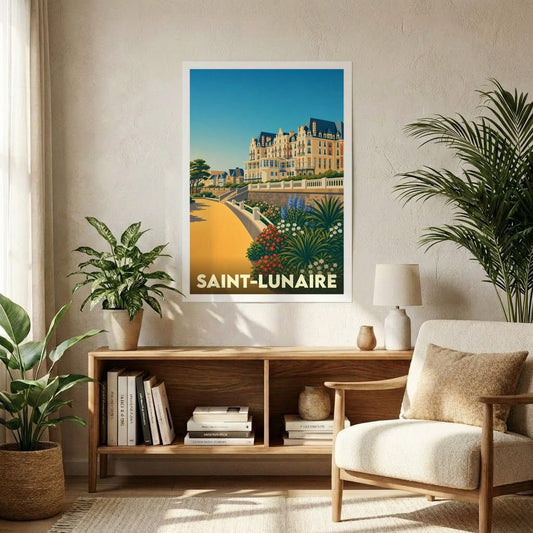 Affiche souvenir de la ville de Saint-Lunaire avec une illustration stylisée d'un bord de mer fleuri.