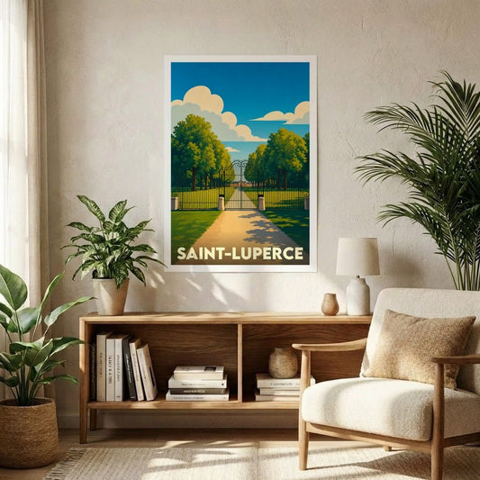 Affiche souvenir de la ville de Saint-Luperce avec une illustration stylisée d'une allée arborée.
