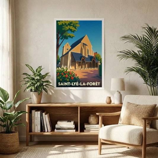 Affiche souvenir de la ville de Saint-Lyé-la-Forêt avec une illustration stylisée de son église.