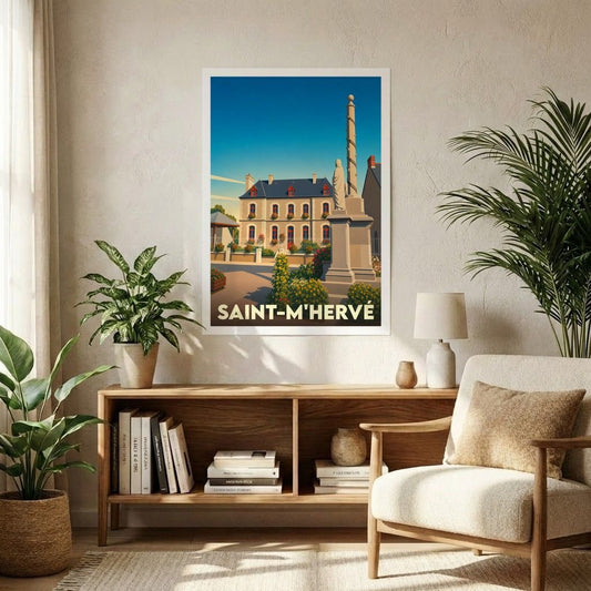 Affiche souvenir de la ville de Saint-M'Hervé avec une illustration stylisée.