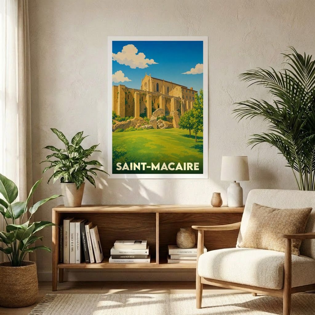 Affiche souvenir de la ville de Saint-Macaire avec une illustration stylisée d'un bâtiment historique sous un ciel bleu.