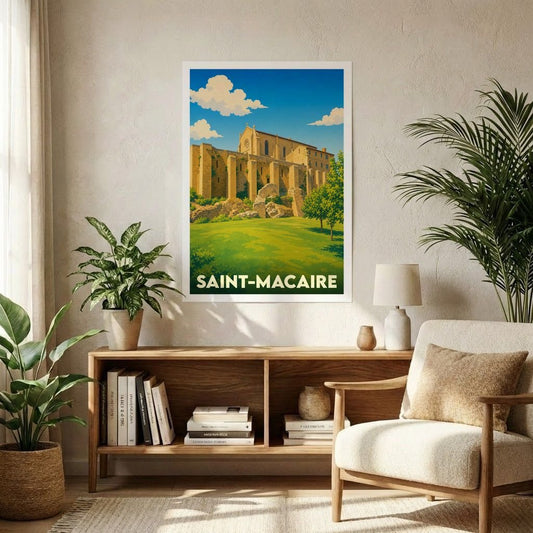 Affiche souvenir de la ville de Saint-Macaire avec une illustration stylisée d'un bâtiment historique sous un ciel bleu.