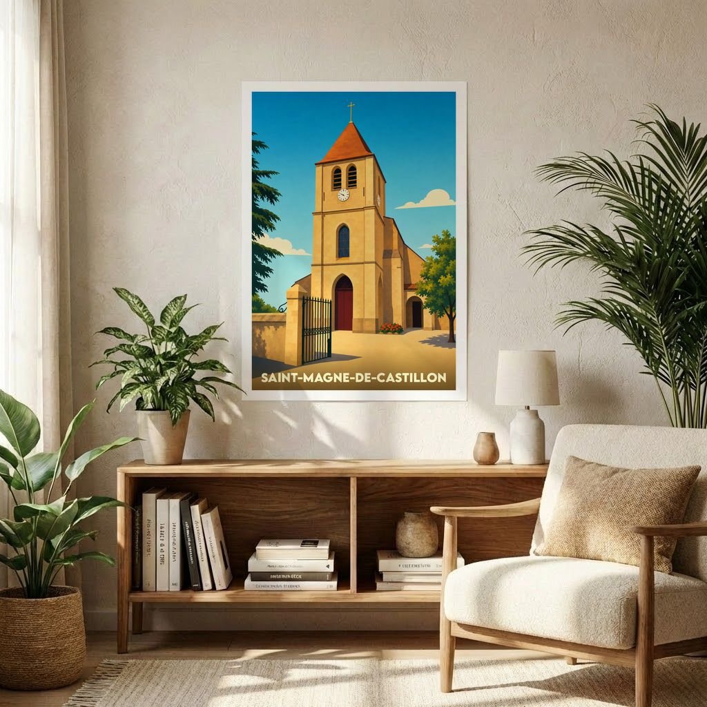 Affiche souvenir de la ville de Saint-Magne-de-Castillon représentant son église sous un ciel bleu ensoleillé.