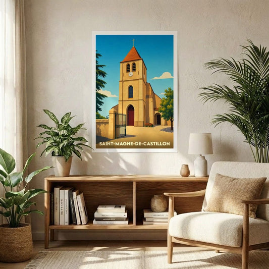 Affiche souvenir de la ville de Saint-Magne-de-Castillon représentant son église sous un ciel bleu ensoleillé.