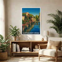 Affiche souvenir de la ville de Saint-Maixent-l'École avec une illustration stylisée d'un canal fleuri.