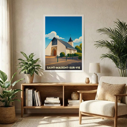 Affiche souvenir de la ville de Saint-Maixent-sur-Vie avec une illustration stylisée de son église.