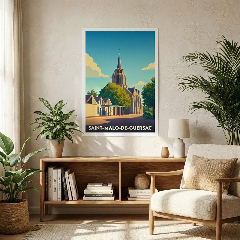 Affiche souvenir de la ville de Saint-Malo-de-Guersac avec une illustration stylisée de son église.