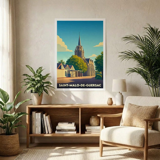 Affiche souvenir de la ville de Saint-Malo-de-Guersac avec une illustration stylisée de son église.
