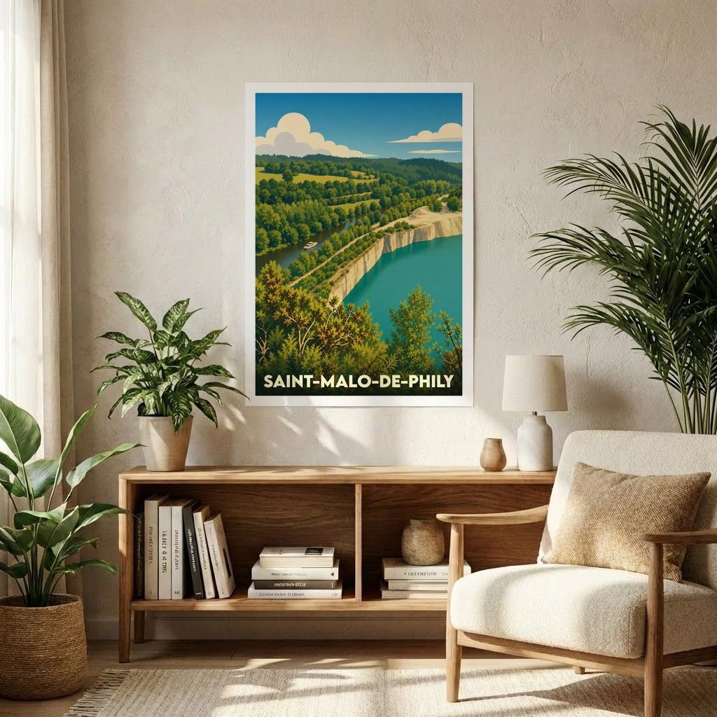 Affiche souvenir de la ville de Saint-Malo-de-Phily avec une illustration de paysage de style rétro.