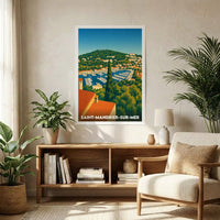 Affiche souvenir de la ville de Saint-Mandrier-sur-Mer avec une illustration stylisée.