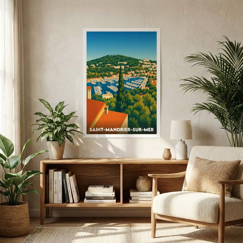 Affiche souvenir de la ville de Saint-Mandrier-sur-Mer avec une illustration stylisée.