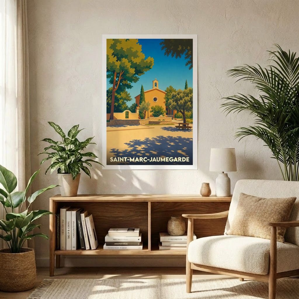 Affiche souvenir de la ville de Saint-Marc-Jaumegarde avec une illustration stylisée d'une église sous le soleil de Provence.