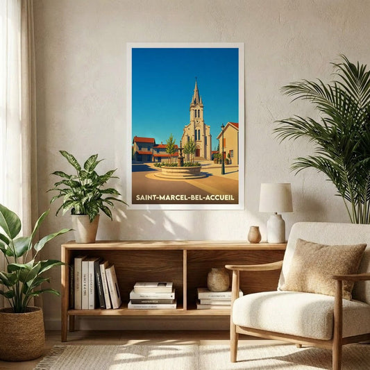 Affiche souvenir de la ville de Saint-Marcel-Bel-Accueil avec une illustration stylisée de son église et de sa place centrale.