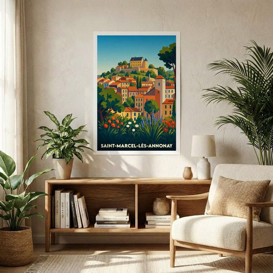 Affiche souvenir de la ville de Saint-Marcel-lès-Annonay avec une illustration stylisée et colorée.