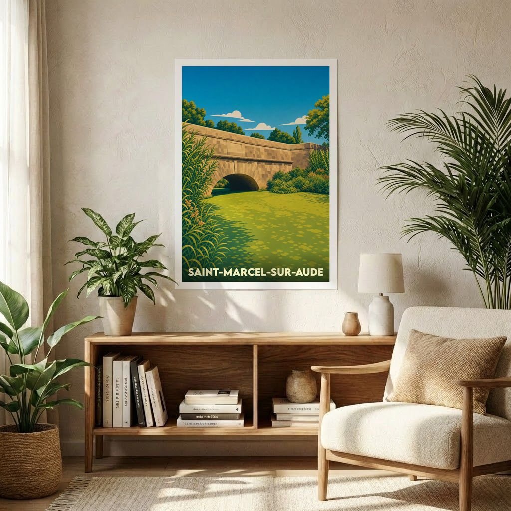 Affiche souvenir de la ville de Saint-Marcel-sur-Aude avec une illustration stylisée d'un pont en pierre.