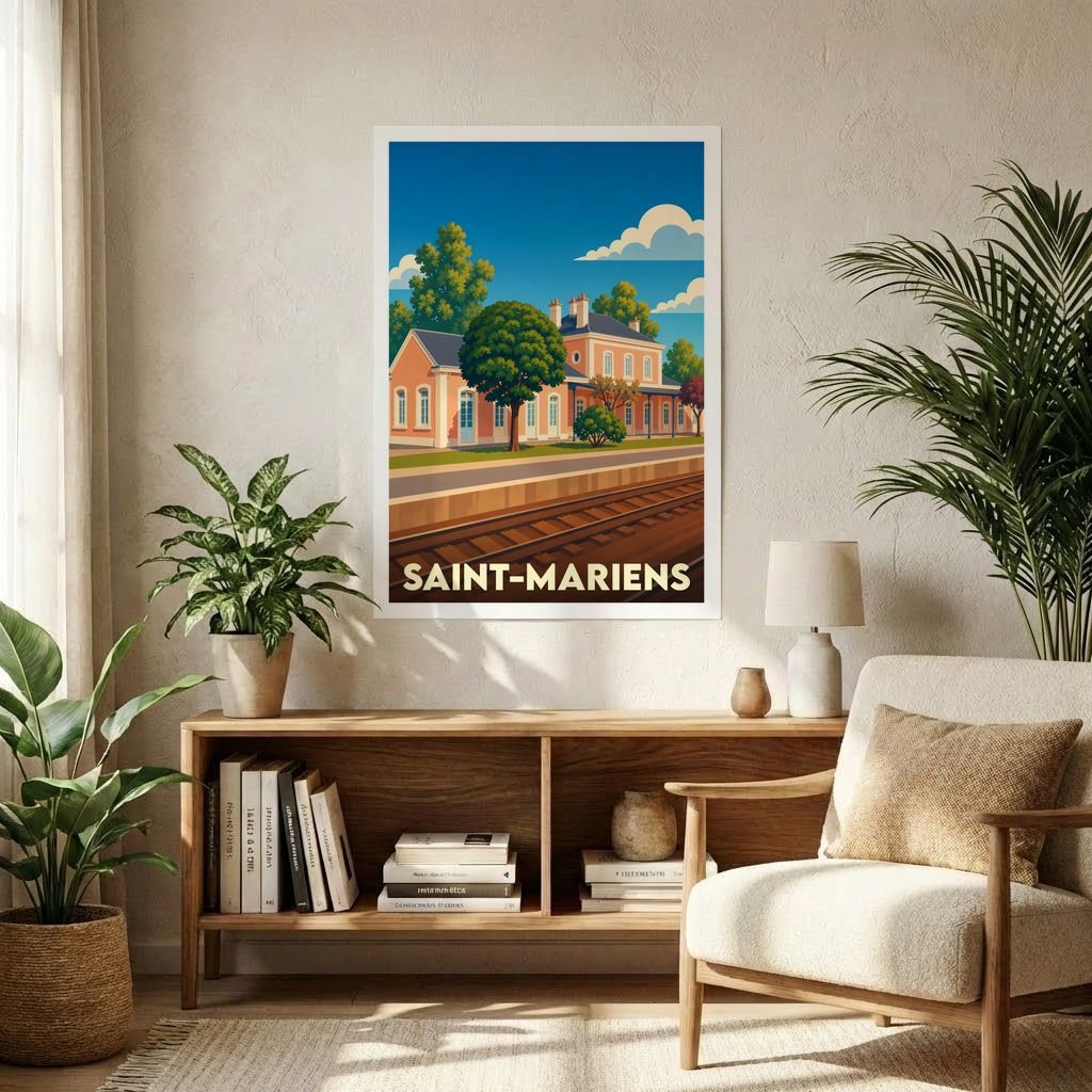 Affiche souvenir de la ville de Saint-Mariens avec une illustration stylisée de sa gare ferroviaire.