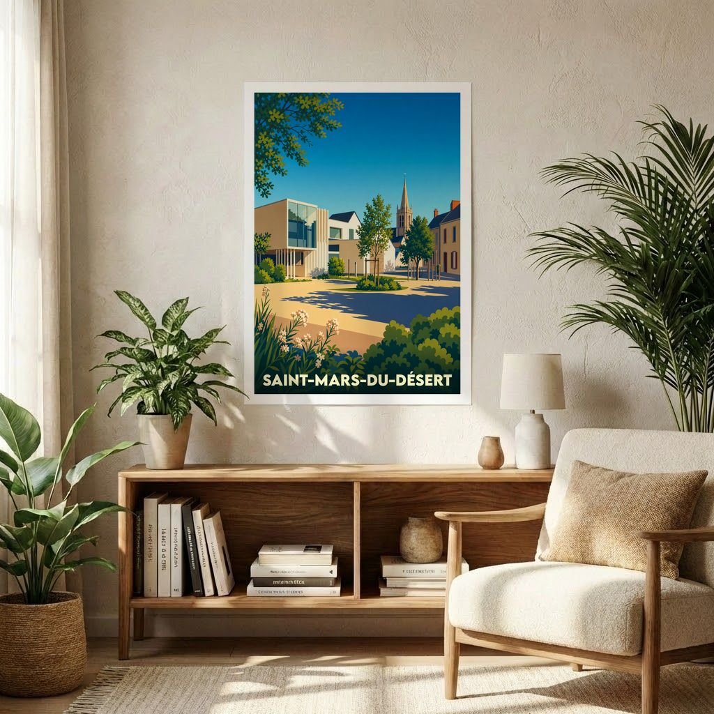 Affiche souvenir de la ville de Saint-Mars-du-Désert avec une illustration stylisée et colorée du centre-ville.