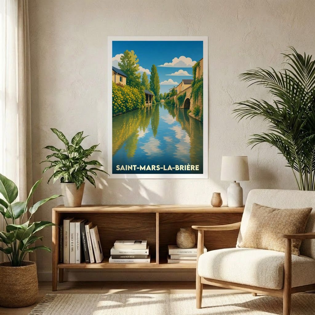Affiche souvenir de la ville de Saint-Mars-la-Brière avec une illustration stylisée d'un canal bordé de verdure.
