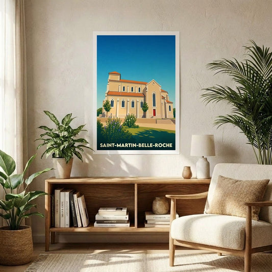 Affiche souvenir de la ville de Saint-Martin-Belle-Roche avec une illustration stylisée de son église.
