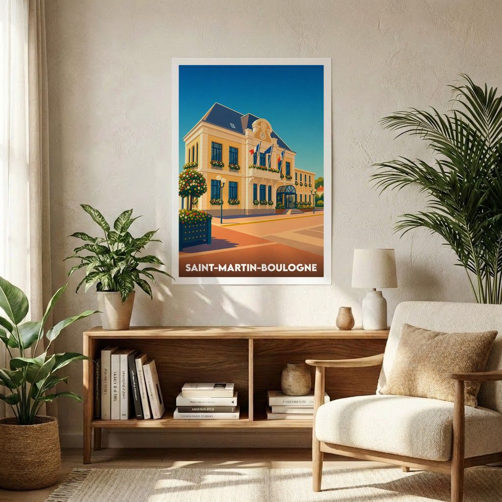 Affiche souvenir de la ville de Saint-Martin-Boulogne avec une illustration stylisée de son hôtel de ville.