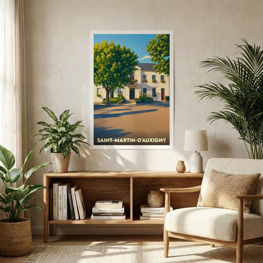 Affiche souvenir de la ville de Saint-Martin-d'Auxigny avec une illustration stylisée et colorée.