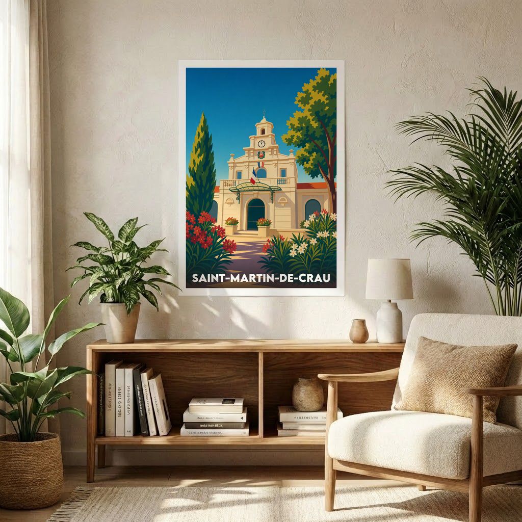 Affiche souvenir de la ville de Saint-Martin-de-Crau avec une illustration stylisée et colorée d'un bâtiment emblématique.