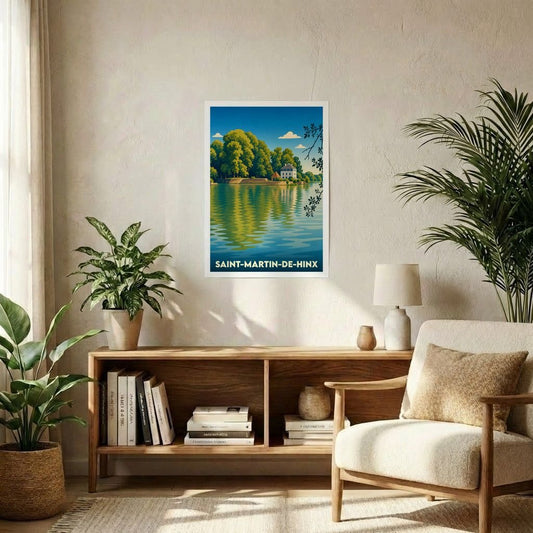Affiche souvenir de la ville de Saint-Martin-de-Hinx avec une illustration stylisée d'un paysage lacustre.