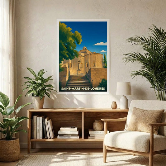 Affiche souvenir de la ville de Saint-Martin-de-Londres représentant son église romane dans un style graphique épuré.