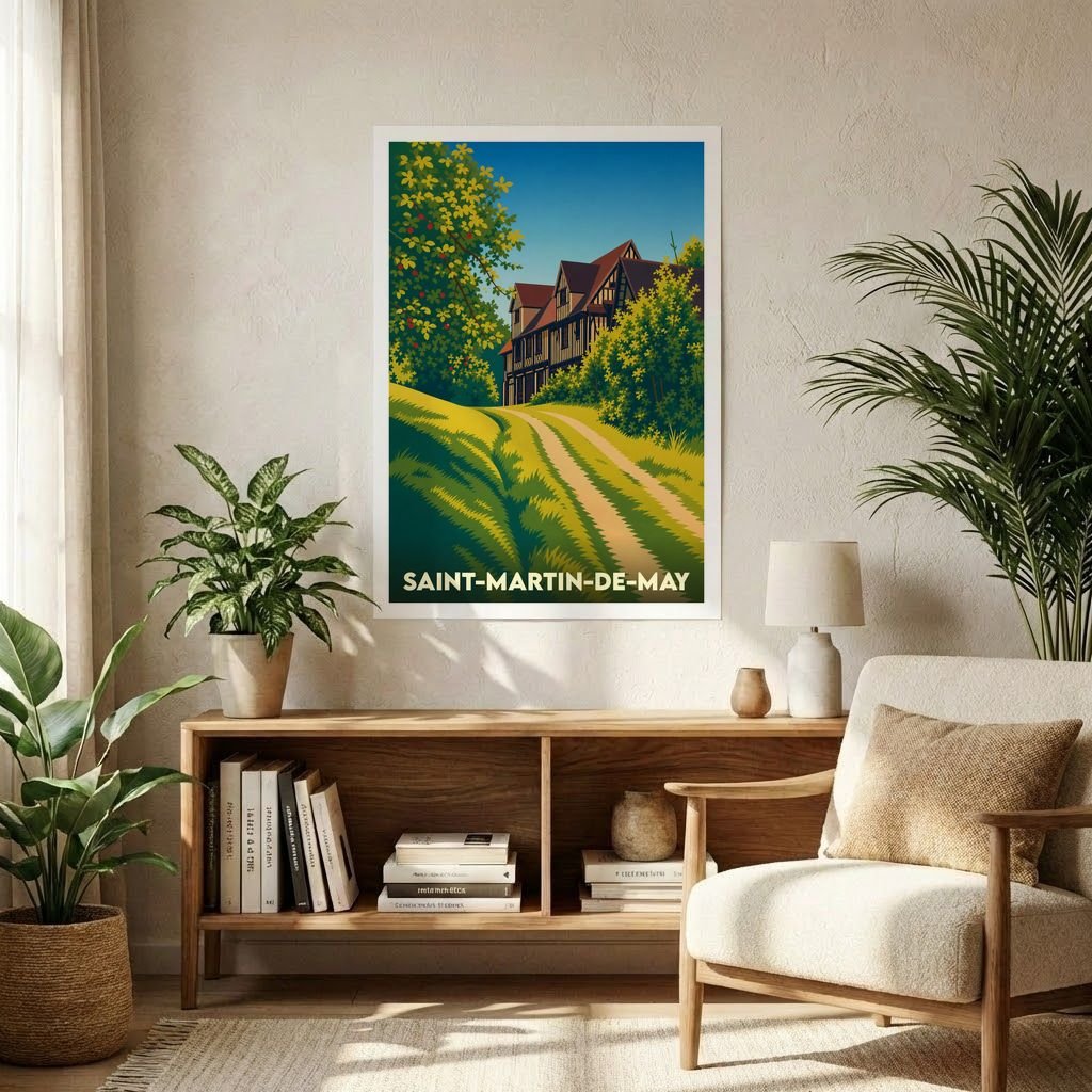 Affiche souvenir de la ville de Saint-Martin-de-May avec une illustration stylisée d'une maison à colombages et d'un chemin de campagne.