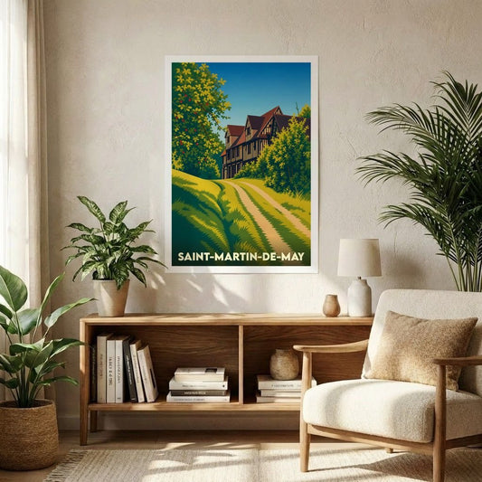 Affiche souvenir de la ville de Saint-Martin-de-May avec une illustration stylisée d'une maison à colombages et d'un chemin de campagne.