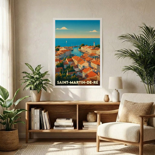Affiche souvenir de la ville de Saint-Martin-de-Ré avec une illustration stylisée d'un port côtier.