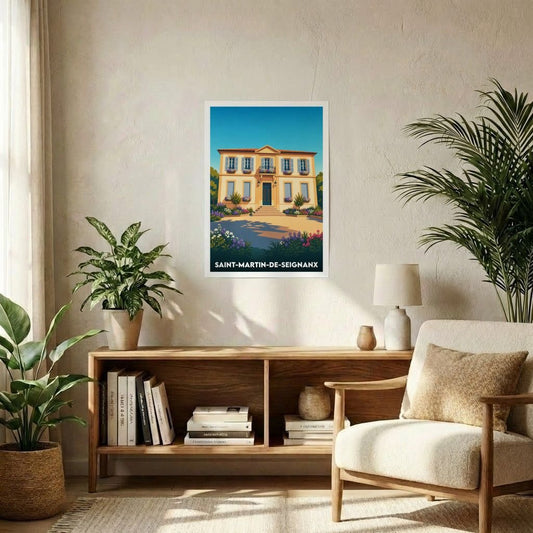 Affiche souvenir de la ville de Saint-Martin-de-Seignanx avec une illustration stylisée d'une maison traditionnelle.