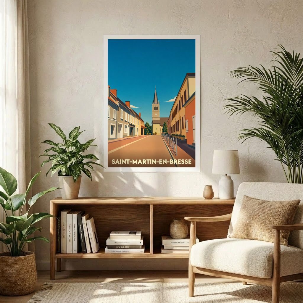 Affiche souvenir de la ville de Saint-Martin-en-Bresse avec une illustration stylisée d'une rue menant au clocher de l'église.