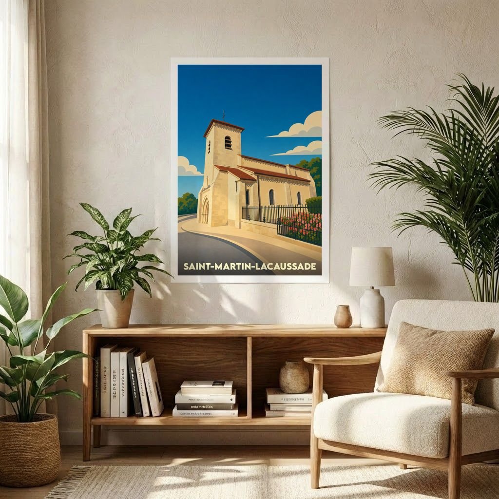 Affiche souvenir de la ville de Saint-Martin-Lacaussade avec une illustration stylisée de son église.