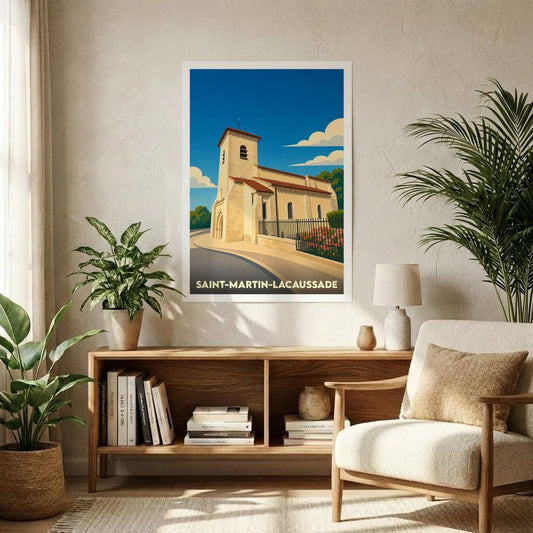 Affiche souvenir de la ville de Saint-Martin-Lacaussade avec une illustration stylisée de son église.