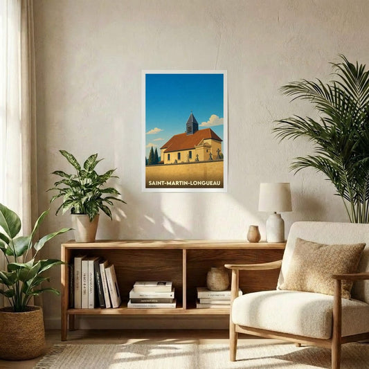 Affiche souvenir de la ville de Saint-Martin-Longueau avec une illustration stylisée de son église.