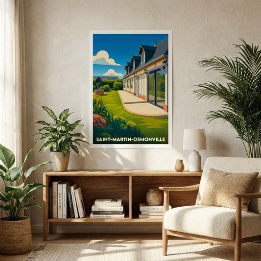 Affiche souvenir de la ville de Saint-Martin-Osmonville avec une illustration stylisée d'une maison normande et de son jardin.