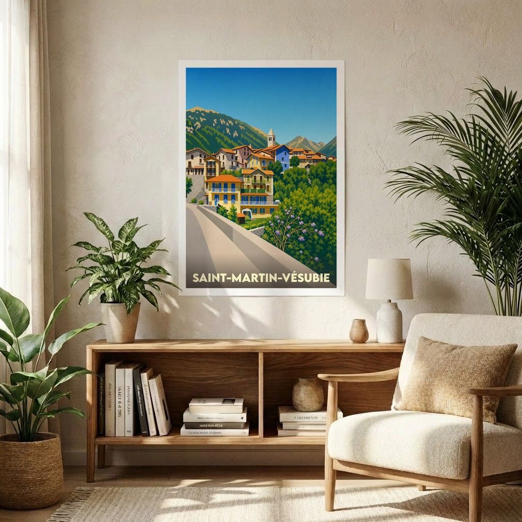 Affiche souvenir de la ville de Saint-Martin-Vésubie avec une illustration stylisée et colorée du village de montagne.
