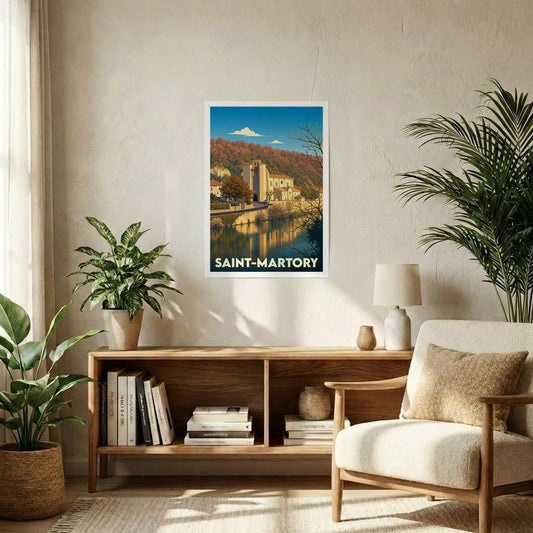 Affiche souvenir de la ville de Saint-Martory avec une illustration stylisée d'un paysage historique au bord de l'eau.