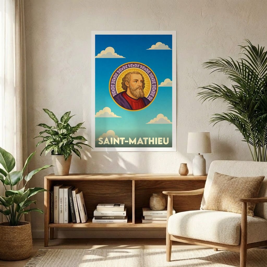 Affiche souvenir de la ville de Saint-Mathieu avec une illustration stylisée d'un saint sur fond de ciel bleu.