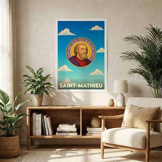 Affiche souvenir de la ville de Saint-Mathieu avec une illustration stylisée d'un saint sur fond de ciel bleu.