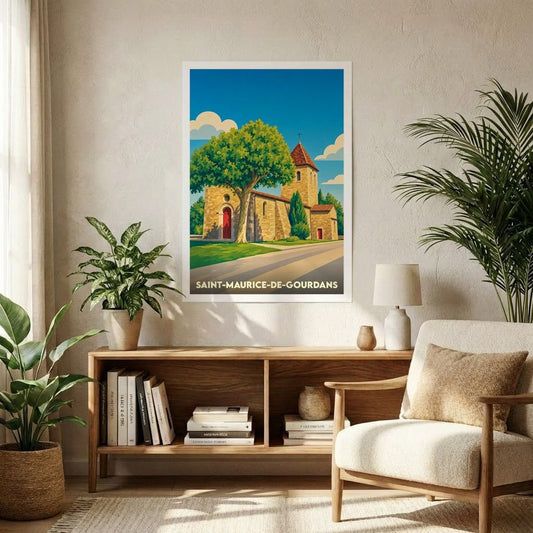 Affiche souvenir de la ville de Saint-Maurice-de-Gourdans avec une illustration stylisée de son église sous un grand arbre.